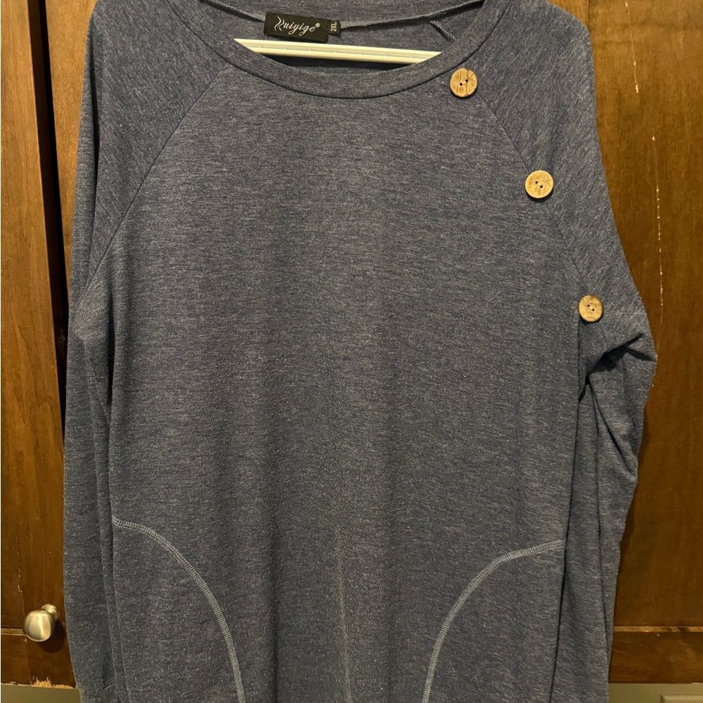 Navy Long Sleeve Top with Wooden Buttons